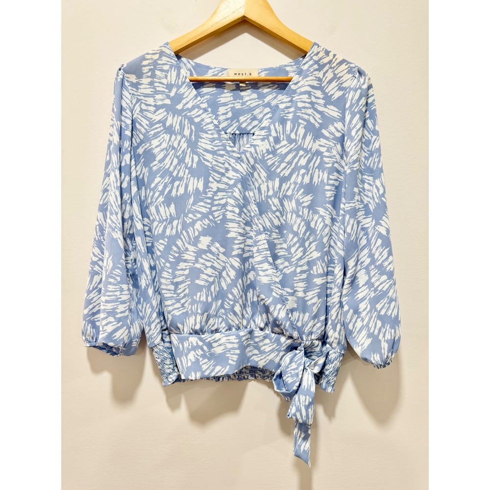 West.K Blue White Abstract Print Surplice Blouse Smocked Waist Side Tie MP